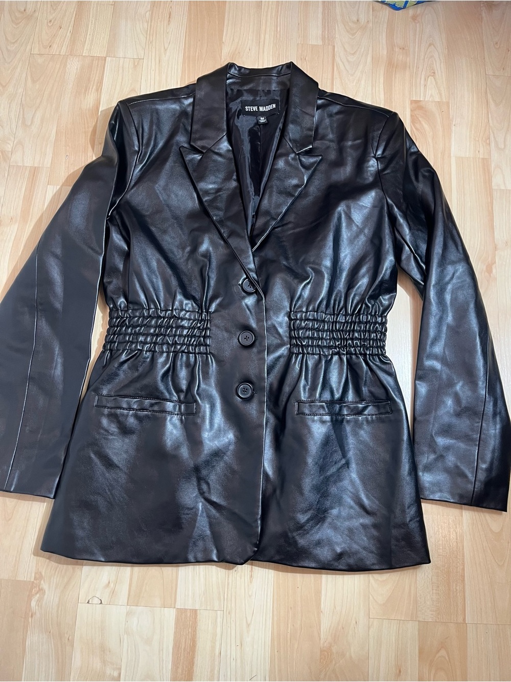 Steve Madden Black Faux Leather Blazer, smocked, elasticated waist size medium